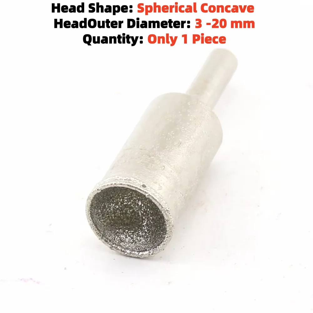 3-20mm Grit 80 Diamond Grinding Bit SPHERICAL CONCAVE Head Mounted Point Jade Carving Lapidary Tools Sculpturing Bead Stone Gems