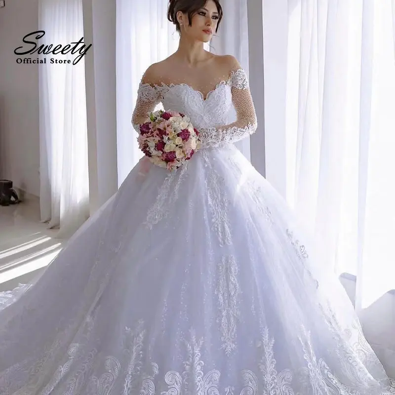 Luxury Wedding Gowns Chiffon With Beading  Embroidery Ball Gown Train O-neck Full Sleeve Wedding Dresses Church Wedding Button