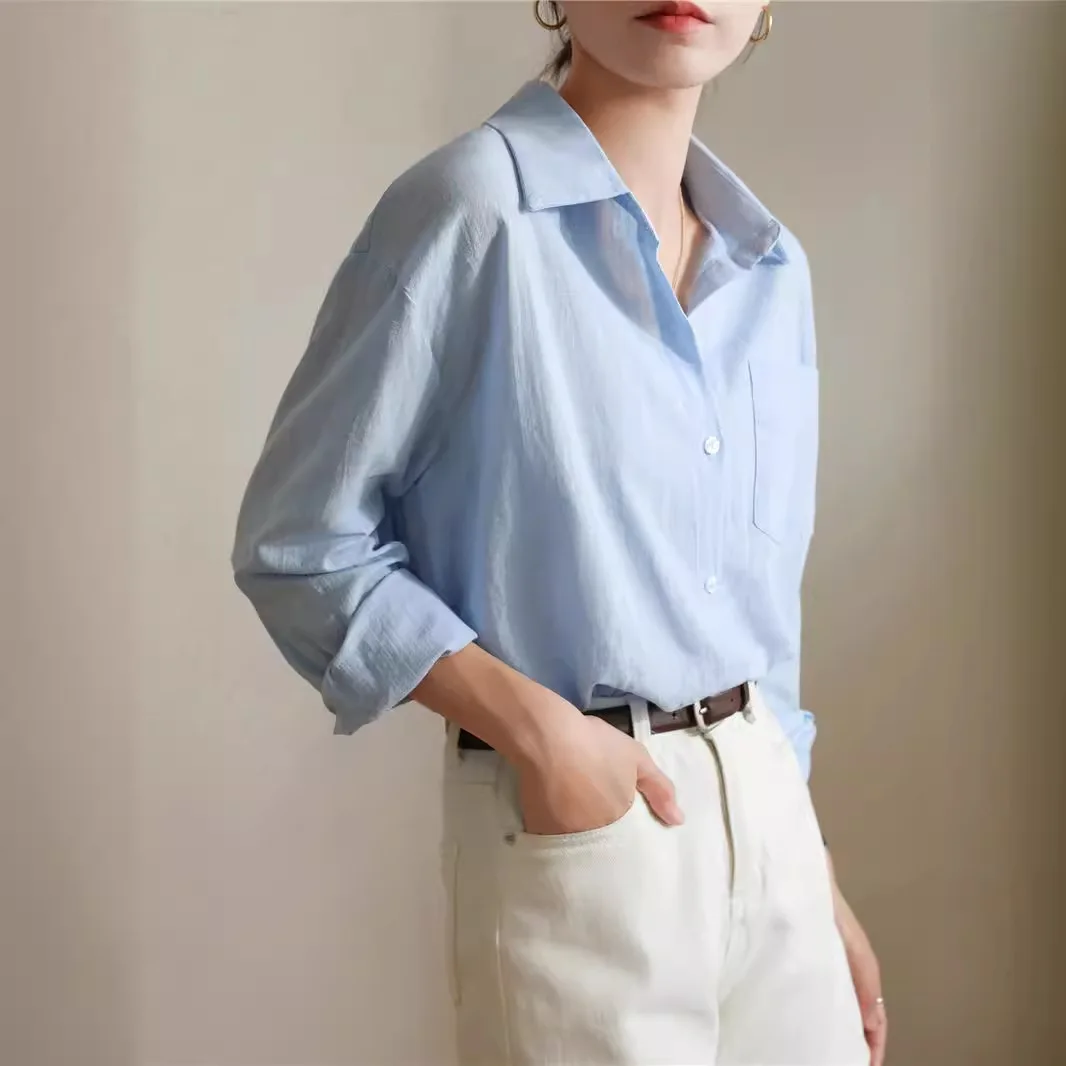 Hoilday Travel Cotton Linen Shirt Simple Sun Protection Cardigan Thin Loose Long Sleeve White Shirts with Pocket lady chic Top