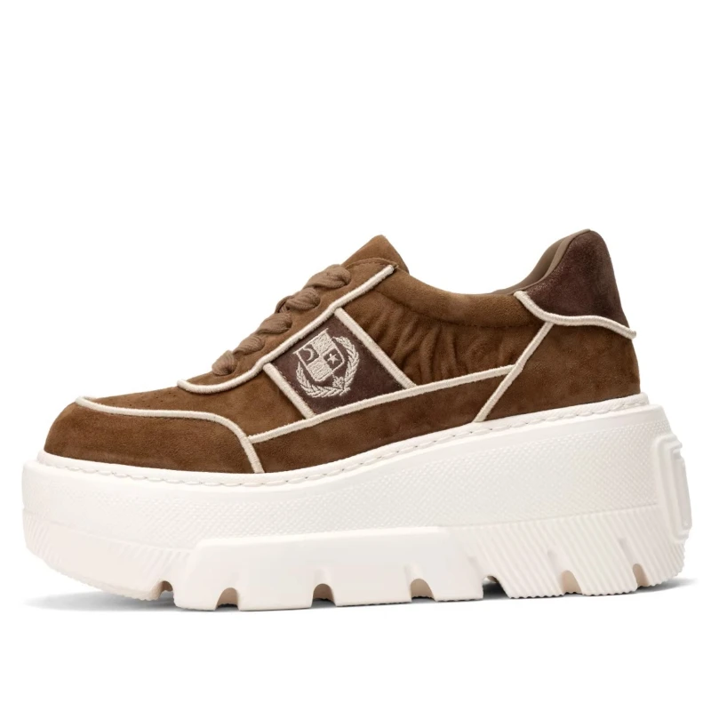 Milk Tea Apricot Shoes for Women's Genuine Leather Folded Height Increasing Shoes Comfortable Casual Sports Shoes White Sneakers