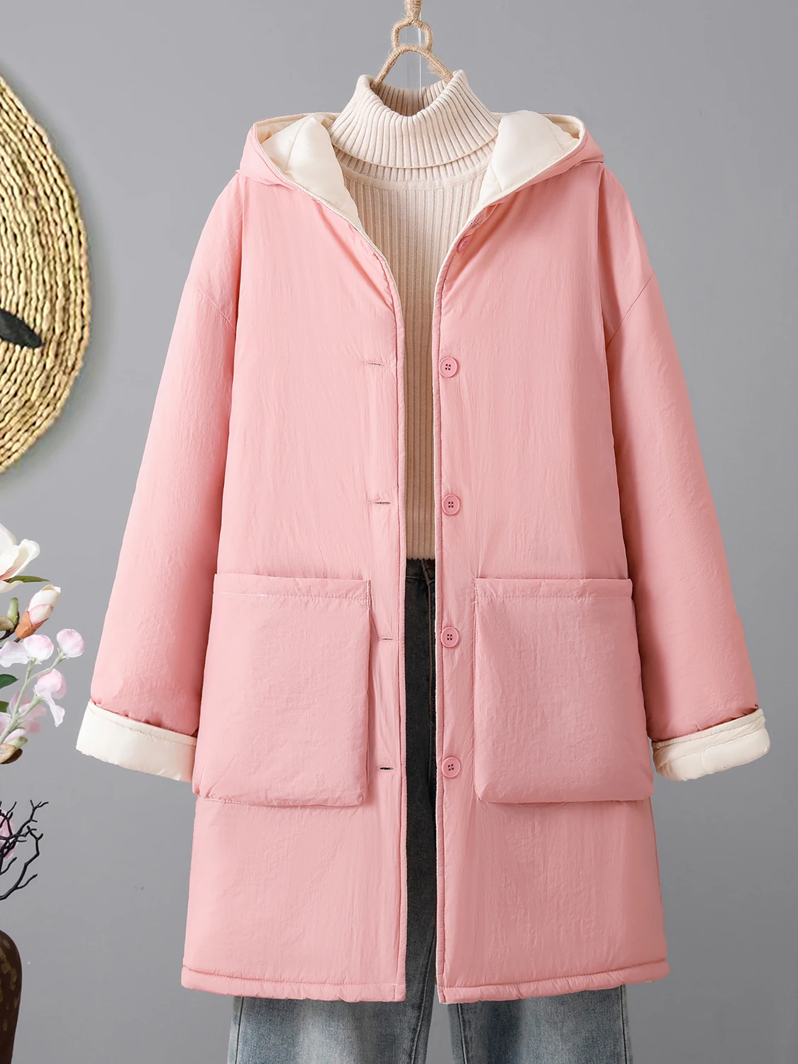 Przyjazny dla skóry, ciepły, ocieplany zimowy płaszcz bawełniany, odzież wierzchnia, średniej długości, luźny krój, damski płaszcz do dojazdów do pracy na zimę 2025.