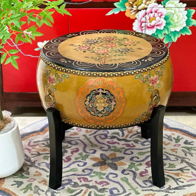 Small size Chinese round coffee table antique solid wood painted cowhide drum edge few living room balcony characteristic creati