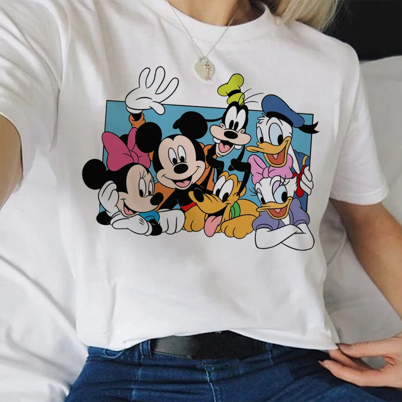 Disney lindo Mickey Mouse Pato Donald princesa señoras pantalón corto Casual manga niñas camiseta estampado de dibujos animados camiseta cuello