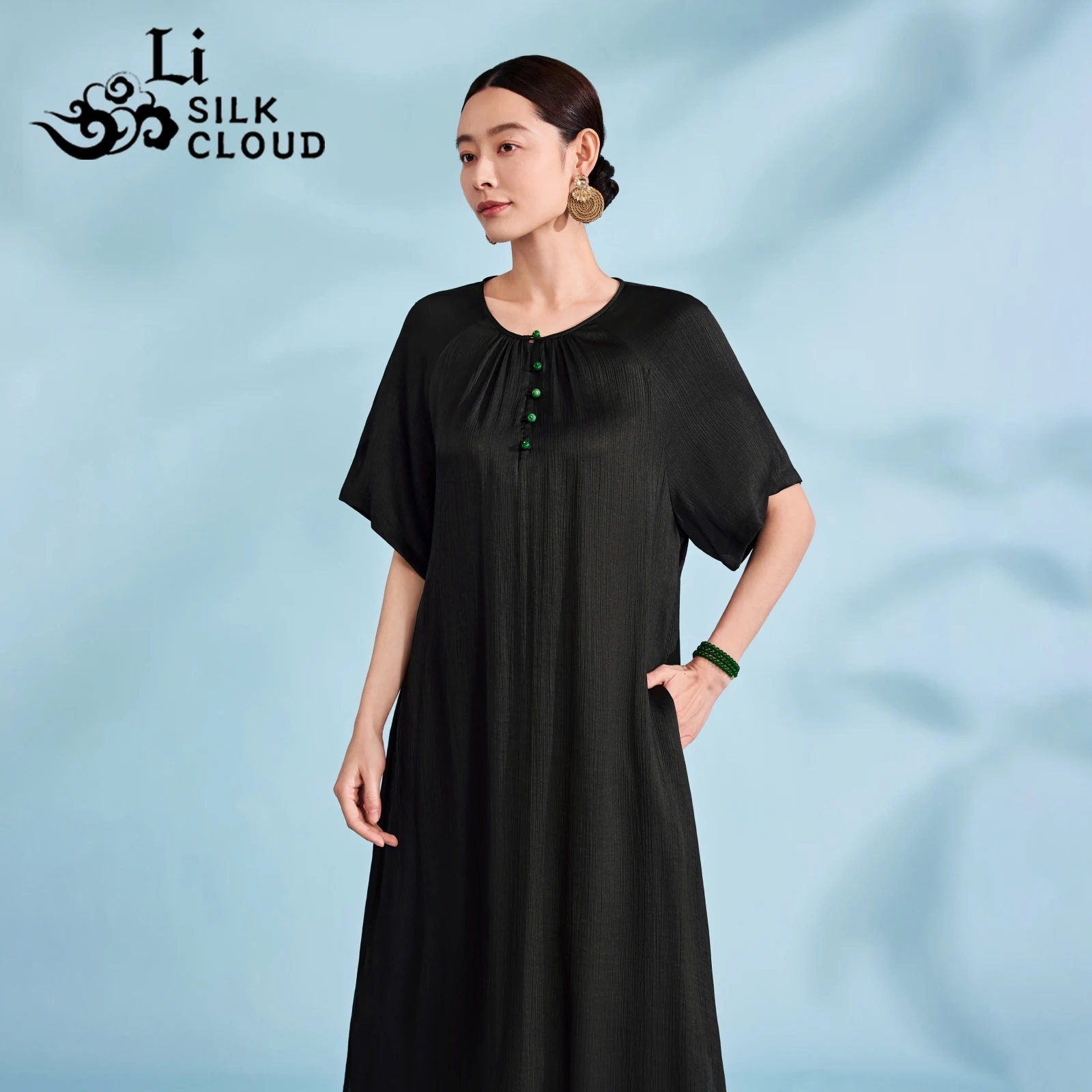 LI SILK CLOUD プレミアムシルク香雲紗秋ワンピース - オリエンタルな中国の魅力、100%桑絹＆繊細な柔らかさ
