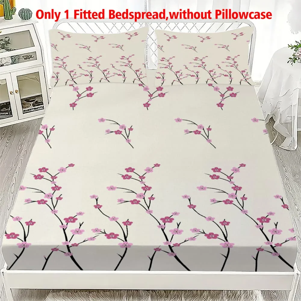 1pc Plum Blossom Print Fitted Sheet Deep Pocket Elastic Mattress Cover Single Double Queen King Bedroom Decor
