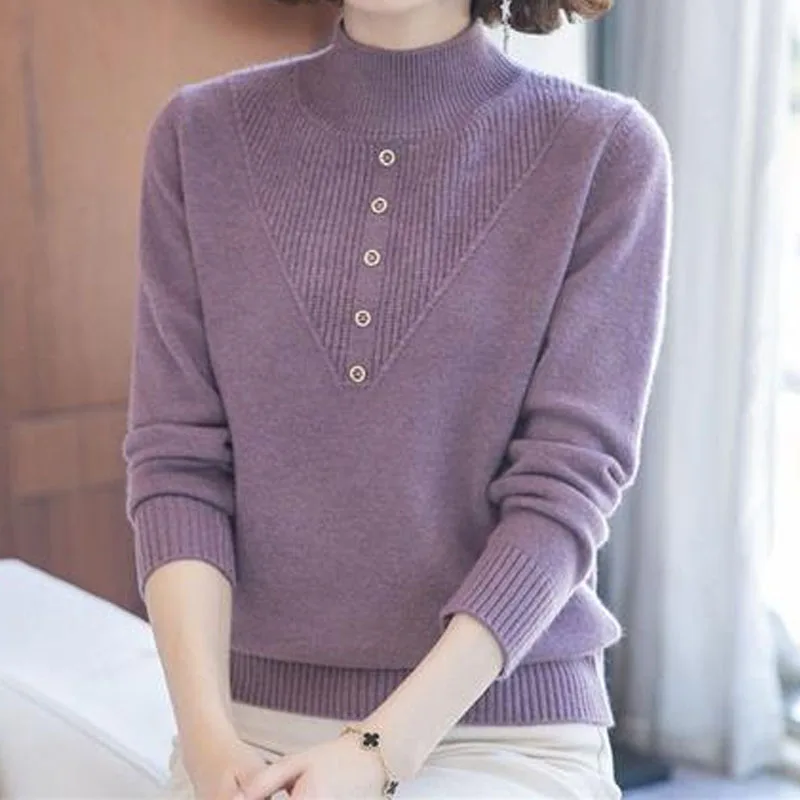 Fashion Long Sleeve Solid Color Knitted Tops Women\'s Clothing Autumn Winter Korean All-match Half High Collar Simplicity Sweater