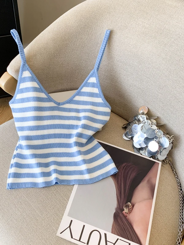 

Korean Sweet Spicy Girl V-Neck Strap Vest Women Summer Wide Stripe Tight Inner Wear Outer Wear Short Versatile Top