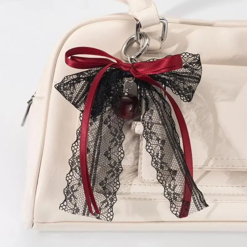 Lace bow Keychain Hollow Red Ribbon Cherry Y2k Fashion Design Charm Delicate Backpack Key Chain Valentine's Day Gift Accessories