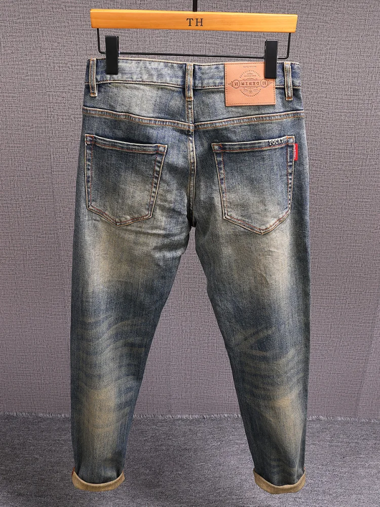 Celana Jeans Retro Amerika Kelas Atas Desain Bordir Pria Model Distressed Stretch Straight Panjang