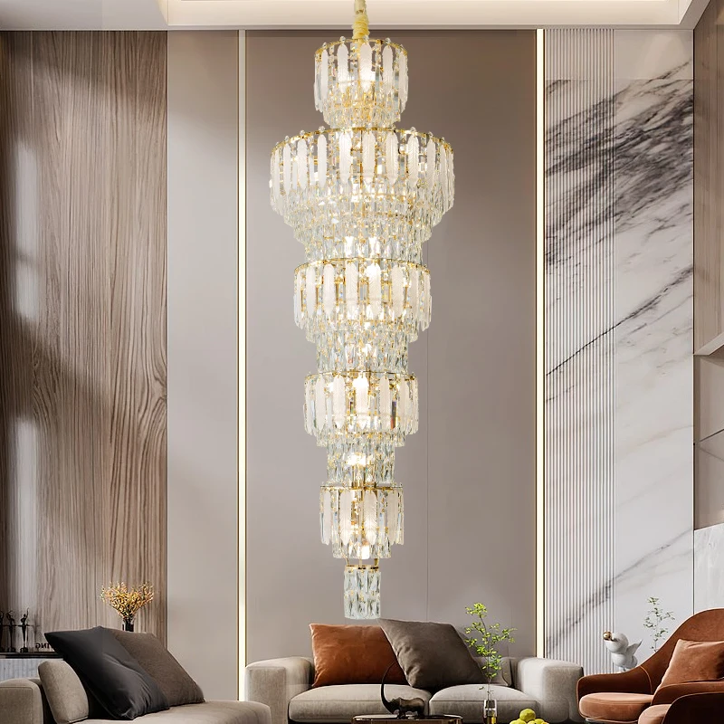 Duplex Villa Living Room Crystal Light Lobby Empty Chandelier Building Middle Building Simple Spiral Staircase Long Chandelier