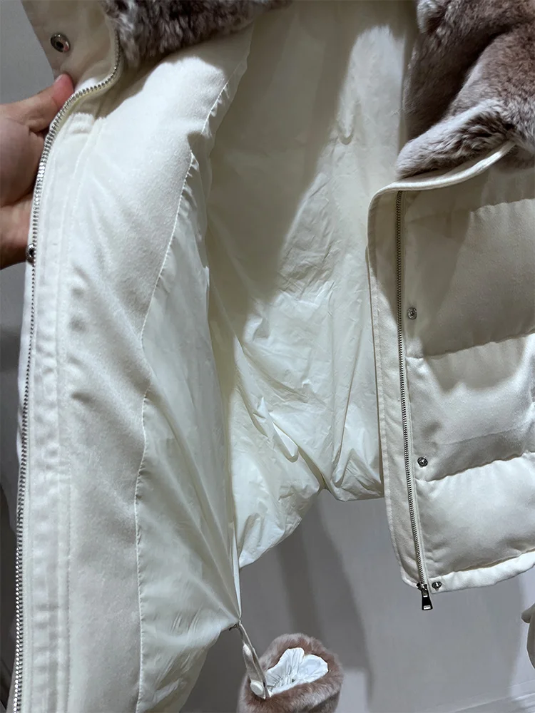 Women Winter Cashmere Wool Sleeveles Vest Rex Rabbit Fur Collar Goose Down Waistcoat Jacket Thick Female Outwear Puffer Coat