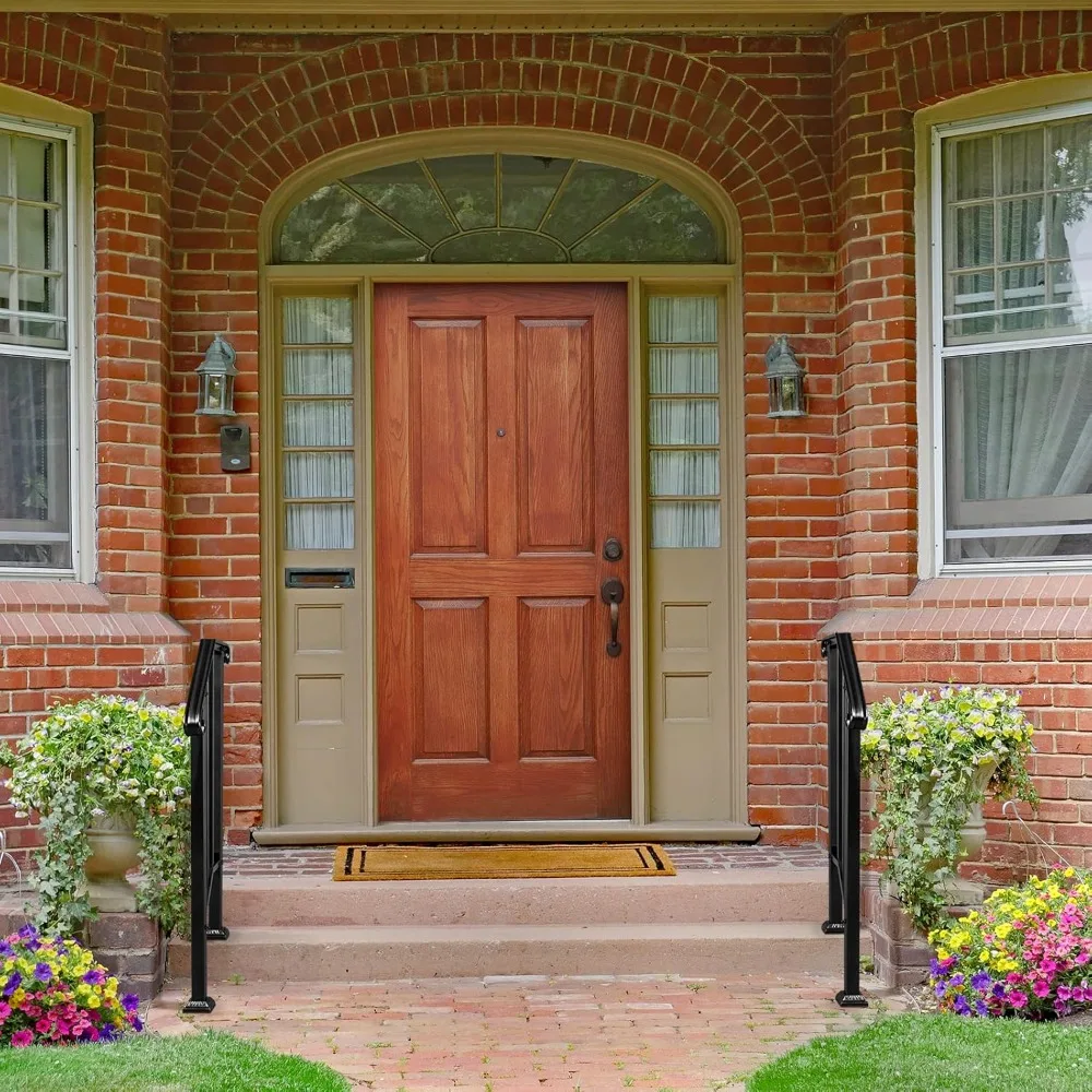 2 Pack 2 Step Handrails for Outdoor Steps, Wrought Iron Stair Railing Fits 1 or 2 Steps, Metal Hand Rail with Installation Kit