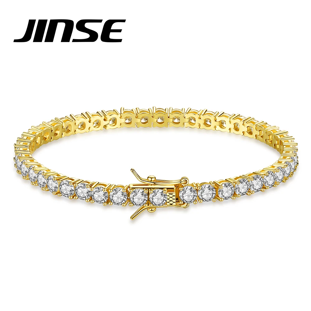 JINSE 3mm Gold Plated Tennis Cubic Zirconia Chains Luxuey Iced Out Crystal Stones Bracelet for Women Men Dating Party Decoration