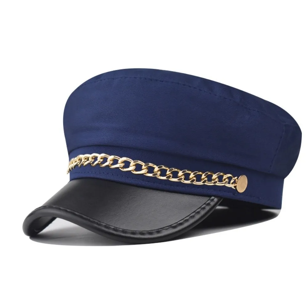 Retro Gold Chain Decor Newsboy Cap PU Leather Adjustable Beret Hat All-Match Casual Flat Top Cap For Women