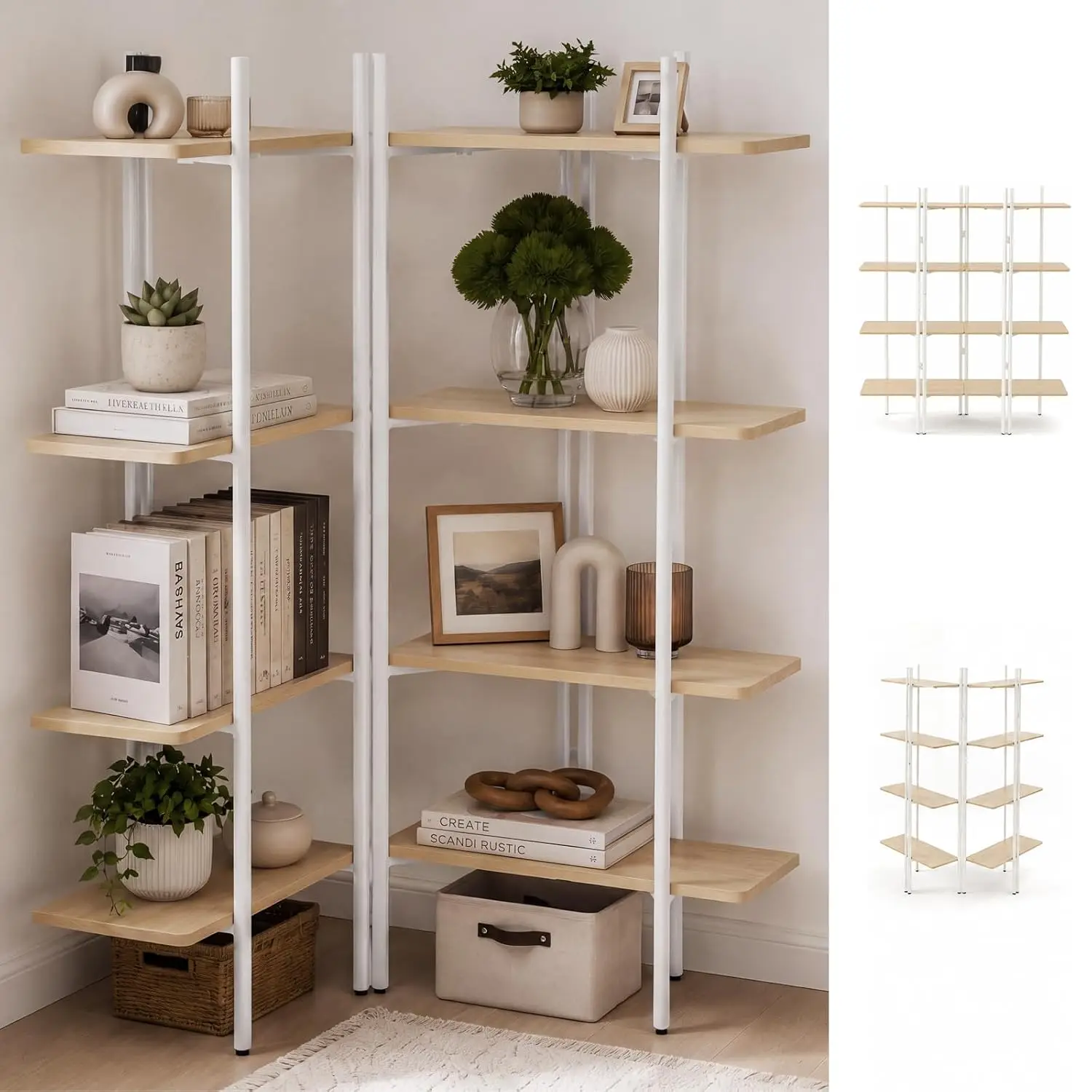 68.9'' Tall 4-Tier Large Bookshelf, 1-Second Convertible Design, Tool-Free Setup, L-Shaped Corner Shelf, 51'' Wide, Customized