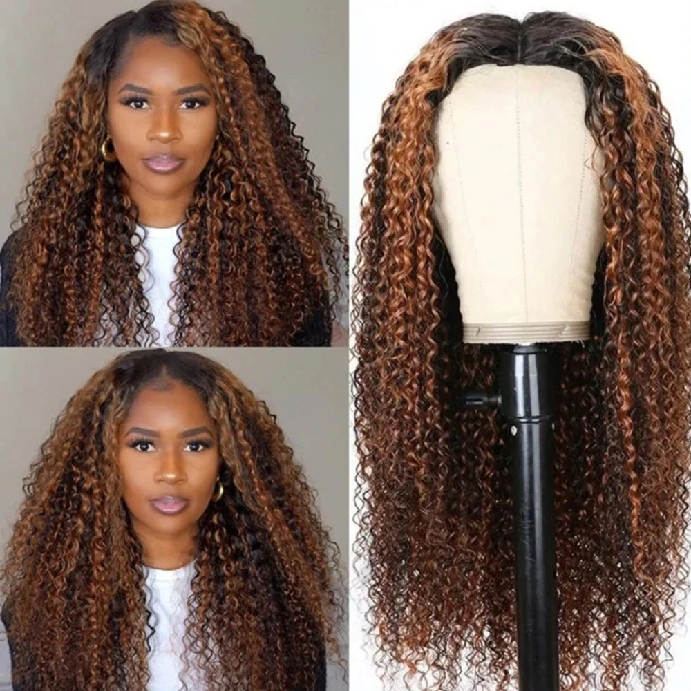 Highlight Curly Wig V Part Curly Human Hair Wigs For Black Women Brazilian Virgin Hair Wig No Leave Out No Sew In 250%