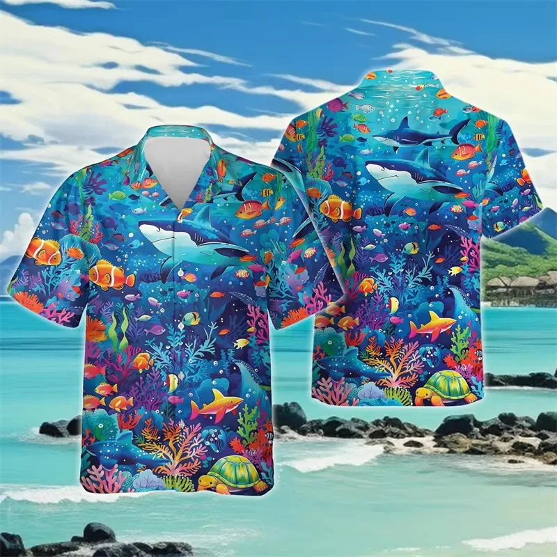 Ocean Fish Graphic Beach Shirts Casual Marine Animal 3D Printed Shirt for Men Clothes Cute Dolphin Whale Blouses Women Male Tops