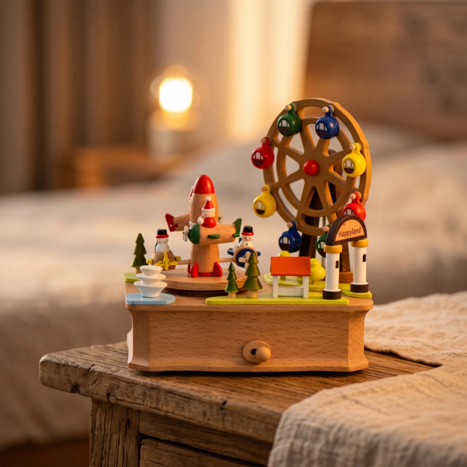 Melody Box with Amusement Wheel Wheel Miniature Wooden Melody Box Decor Animated Toy Beautiful for Collectors, Nursery, Bedroom