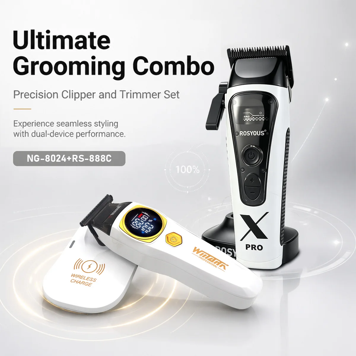 WMARK ROSYOUS Men's Electric Hair Clipper Combo Set 8000RPM External Rotor Brushless Motor Professional Hair Trimmer 8204 888C