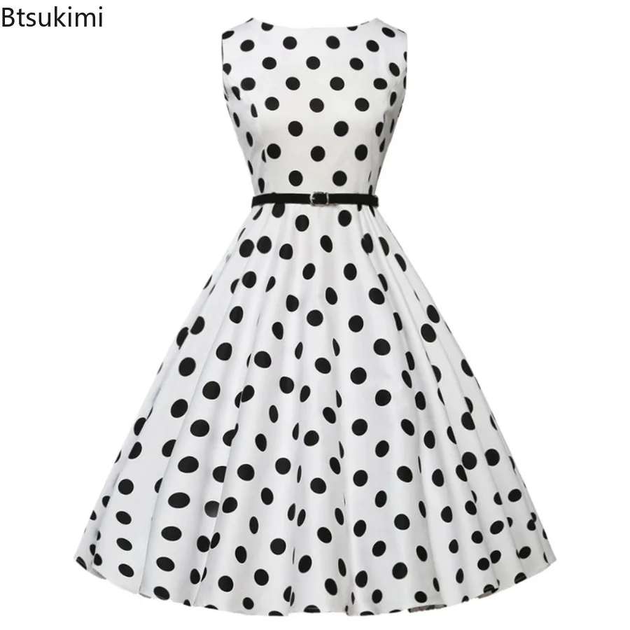 Elegant Summer Dresses Women's Sleeveless Slash Neck Polka Dot Print Big Swing Dress 2024 Chic Retro Party Dress with Belt Femme