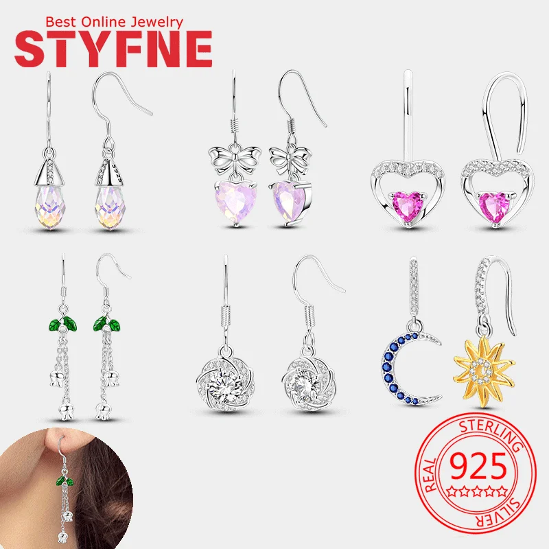 

Woman Earrings 925 Silver Zircon Pink Love Earrings Stars Moon Leaves Ear Hook Earrings for Anniversary Wedding Jewelry Gifts