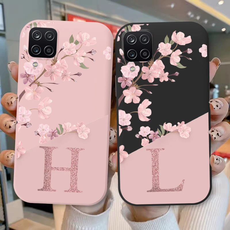 Pink Flower Case For Samsung Galaxy A12 5G M12 F12 Phone Cover Soft Silicone Initial Letter Fashion Shell Coque For Samsung A 12