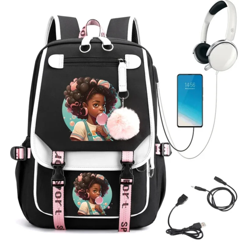 Desenhos animados Imprimir Mochila Escolar para Estudantes Adolescentes, Bookbag USB, Anime Laptop Bag, Soprando Menina Bolha Imprimir, Adolescente