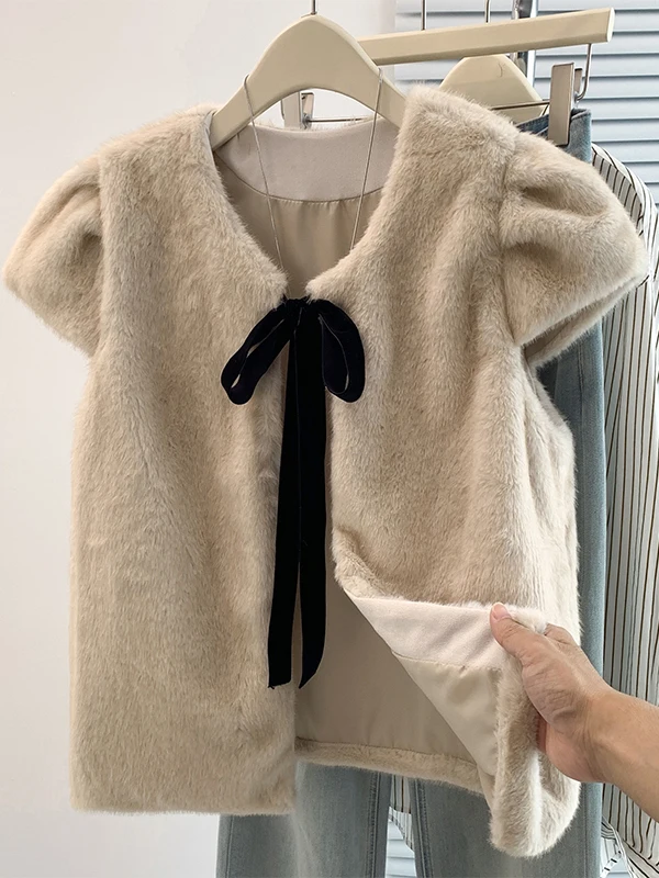 Korean Style Sweet Bow Tie Fake  Fur Vest Luxury Shoulder Pad Coat for Women All Match Style Winter Outerwear Coat