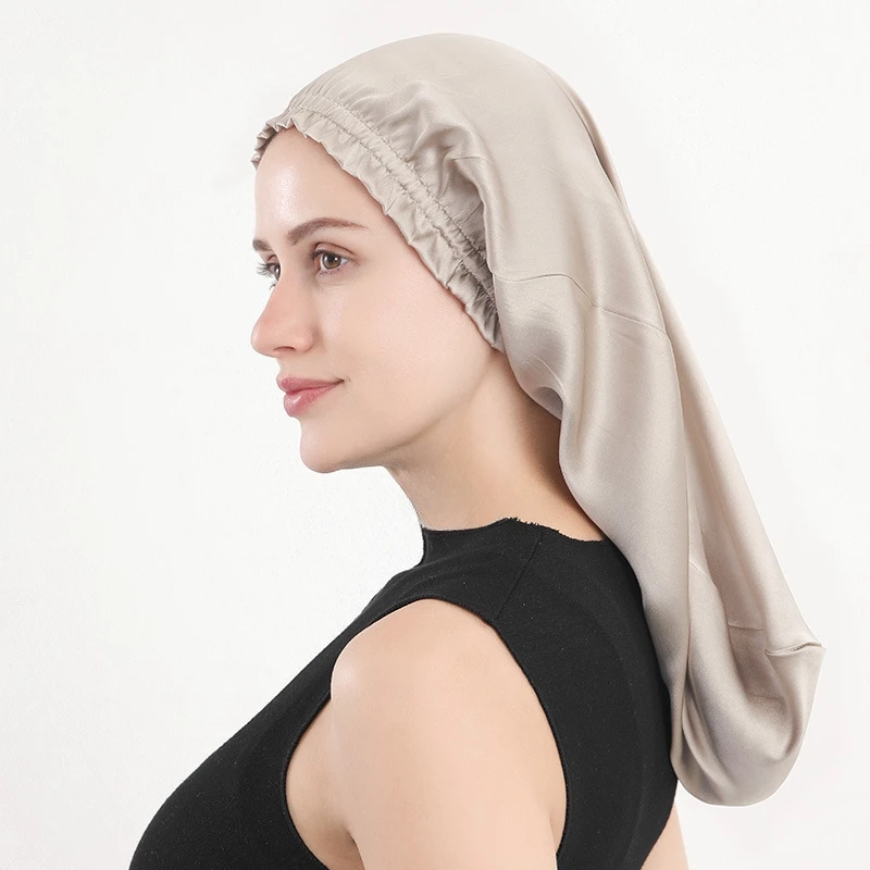 100% Mulberry Silk Sleep Cap, 16 Momme Mulberry Silk, Grey-Toned Long Hair Bonnet, Hair Care Sleep Cap, Home Hair Care Bonnet