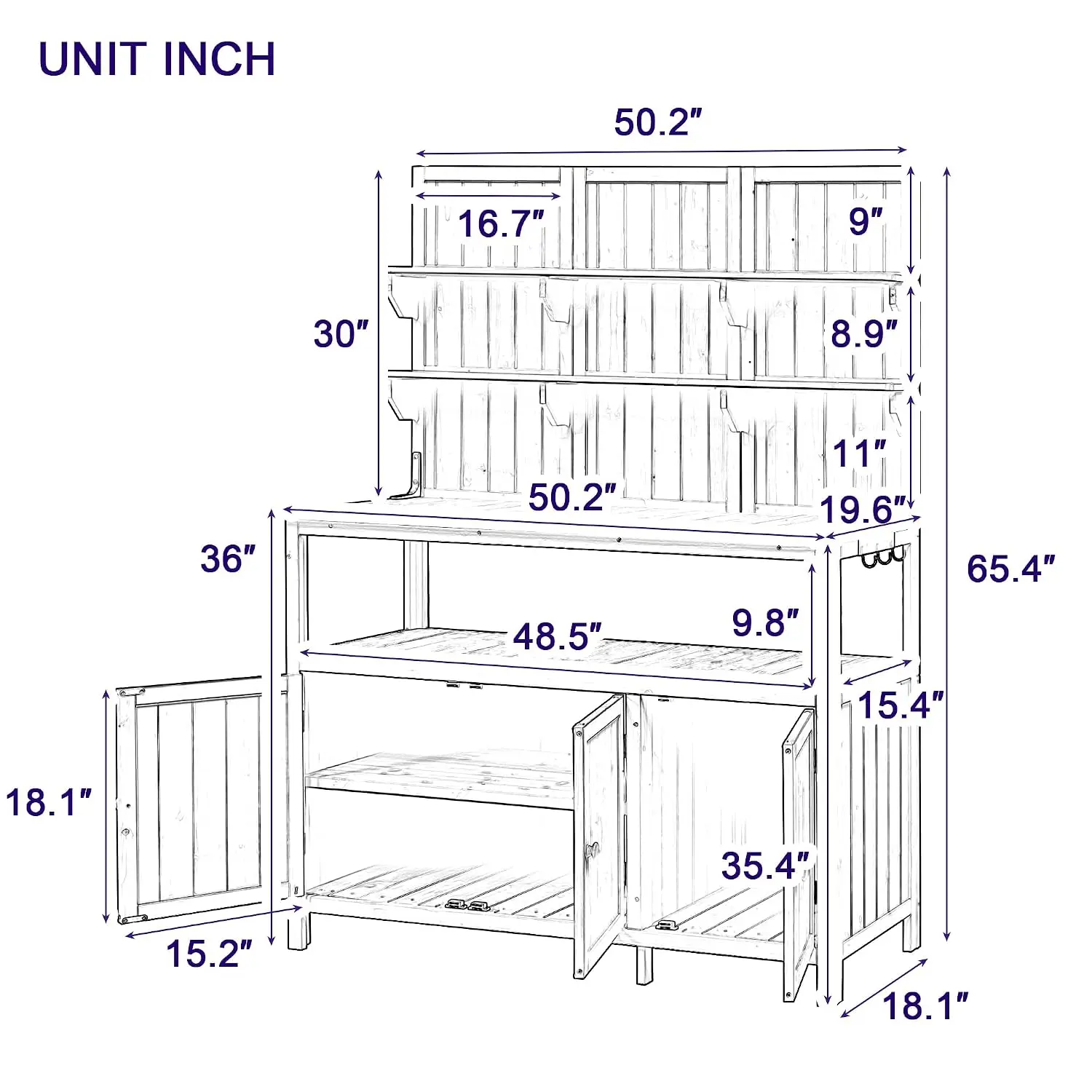66'' Outdoor Wood Potting Bench Table with 2 Shelves, 2 Cabinets & 3 Side Hooks for Backyard Garden, Customized