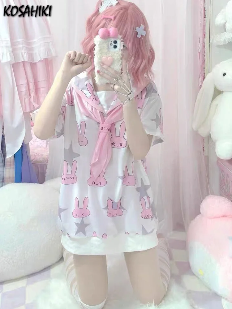 KOSAHIKI Japanese Kawaii Solior Collar T-shirt Dress Women Y2k Aesthetic Graphic Tees Rabbit Print Harajuku Long Tshirts