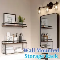 ZEXEF Floating Shelves Wall Mounted Rustic Wood Storage Display Shelf with Metal Wire Basket Hanging Shelf for Kitchen Bedroom