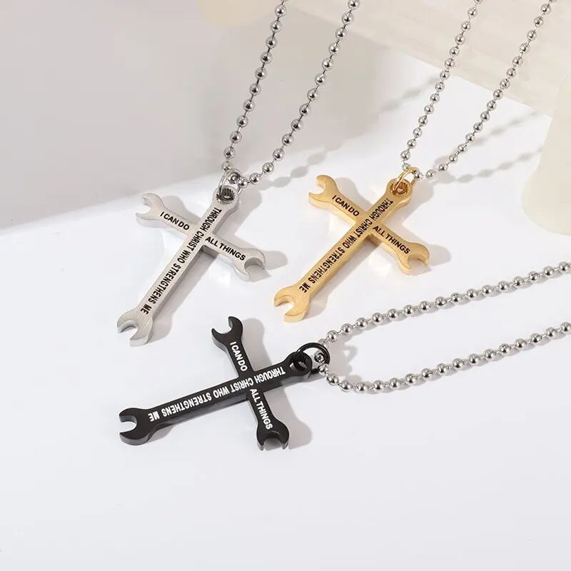 Men's Cross Necklace Stainless Steel Wrench Pendant Cool Jewelry for Men Boys Gift Jewelry Father's Day Gift