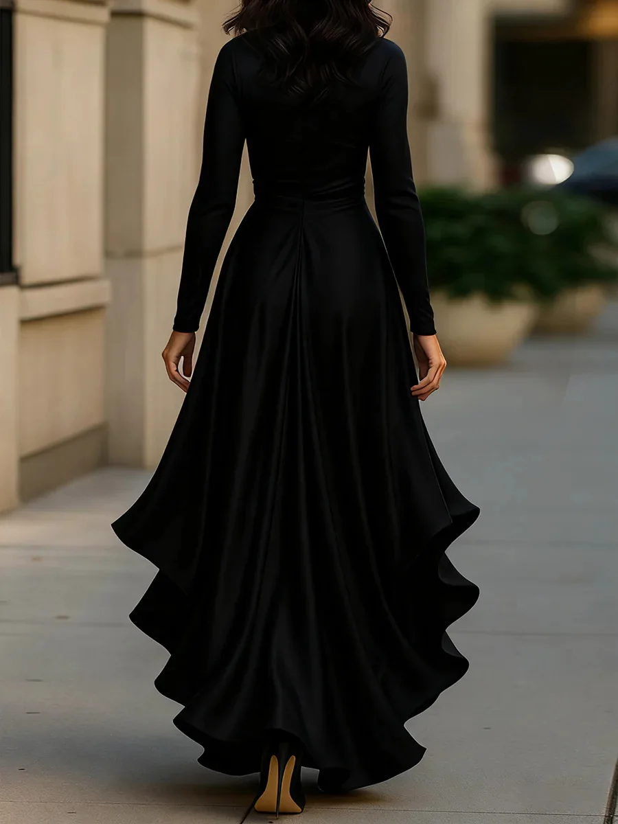 Womens Dresses 2025 Spring New Solid Color Satin V-Neck Long Sleeve Waist Cinched Irregular Ruffle Hem Elegant Party Dress