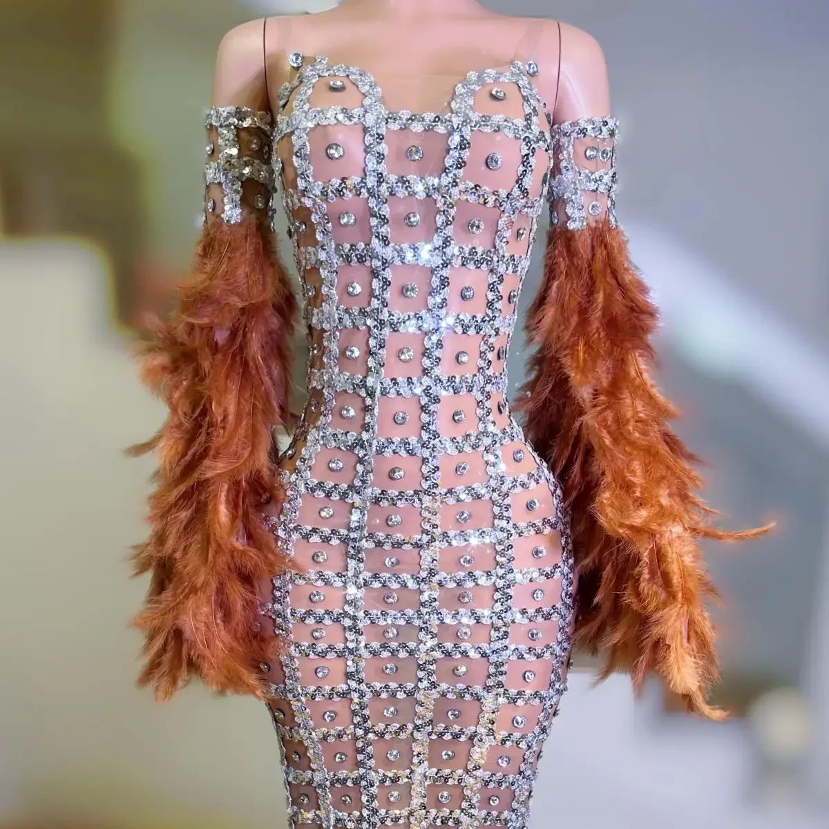 나이트 클럽 DJ 바 여성 가수 댄스 팀 무대 의류 섹시한 전체 다이아몬드 메쉬 깃털 슬리밍 롱 드레스 파티 테마 쇼