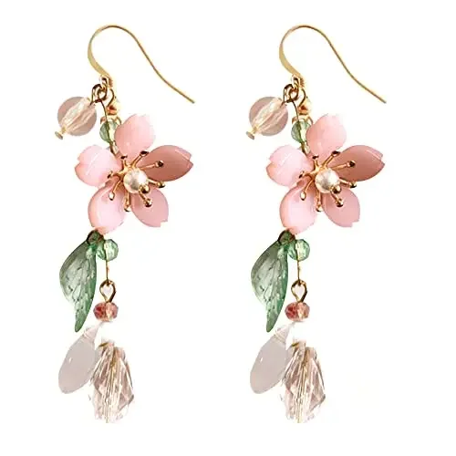 Retro Pink Flower Dangle Earrings for Women Cute Pearl Leaf Sakura Leaf Drop Earrings Summer Holiday Pastoral Jewelry Gifts