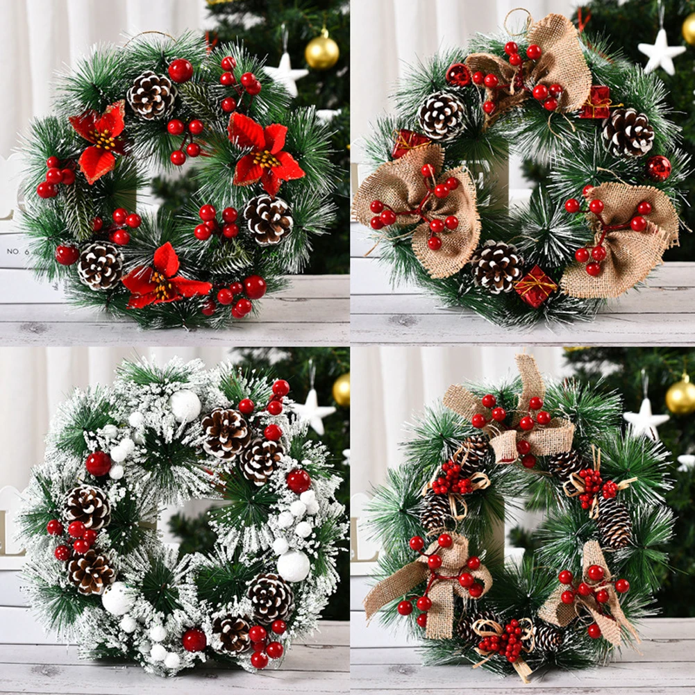 1 Stück Weihnachtskränze für die Haustür, Weihnachtsdekorationen, Winterkränze, dekorativer Kranz für Zuhause mit Blumen, Tannenzapfen für Party – Detail 2