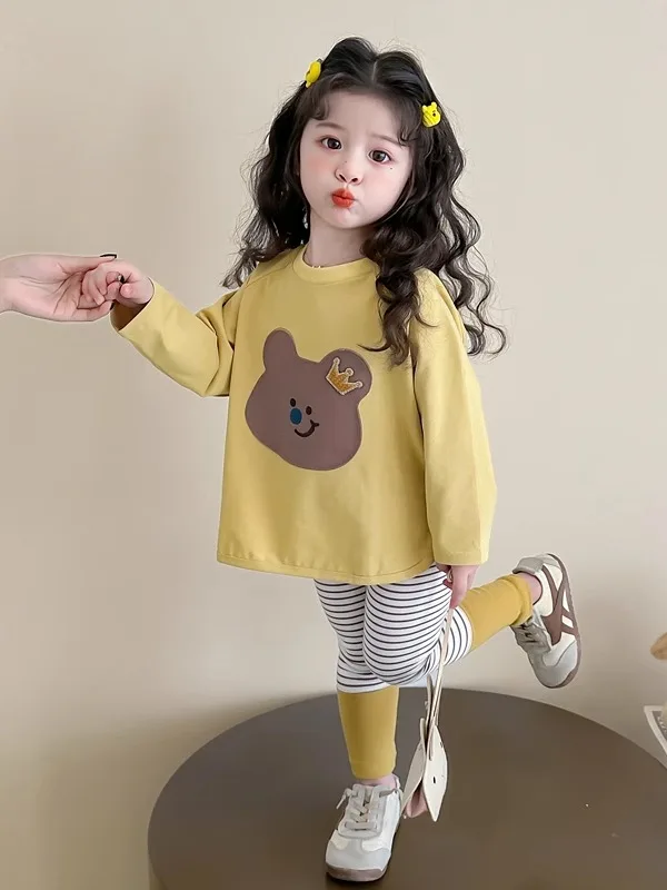 

Комплект для девочек: футболка с длинным рукавом и брюки в полоску, хлопок, дышащий, свободный крой, круглый вырез, весна-осень