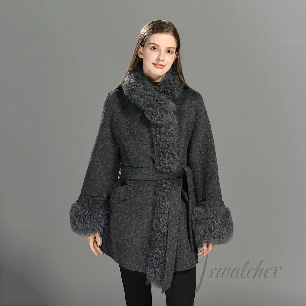 Jxwatcher Women's Wool Trench Coats Real Sheep Fur Trim Elegant Belted Jacket Fall 2026 Winter Coat Female Mid-length Outerwear