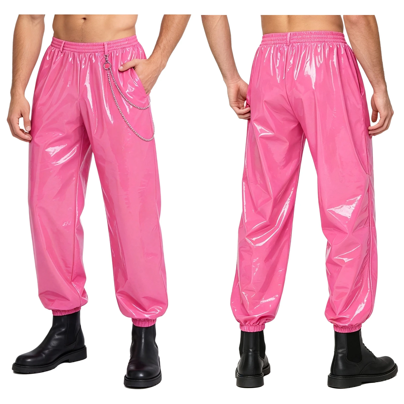 Men Wet Look PU Leather Jogger Pants Elastic Waist Loose Punk Trousers with Metal Chain Clubwear for Club Rave Party Motorcycle