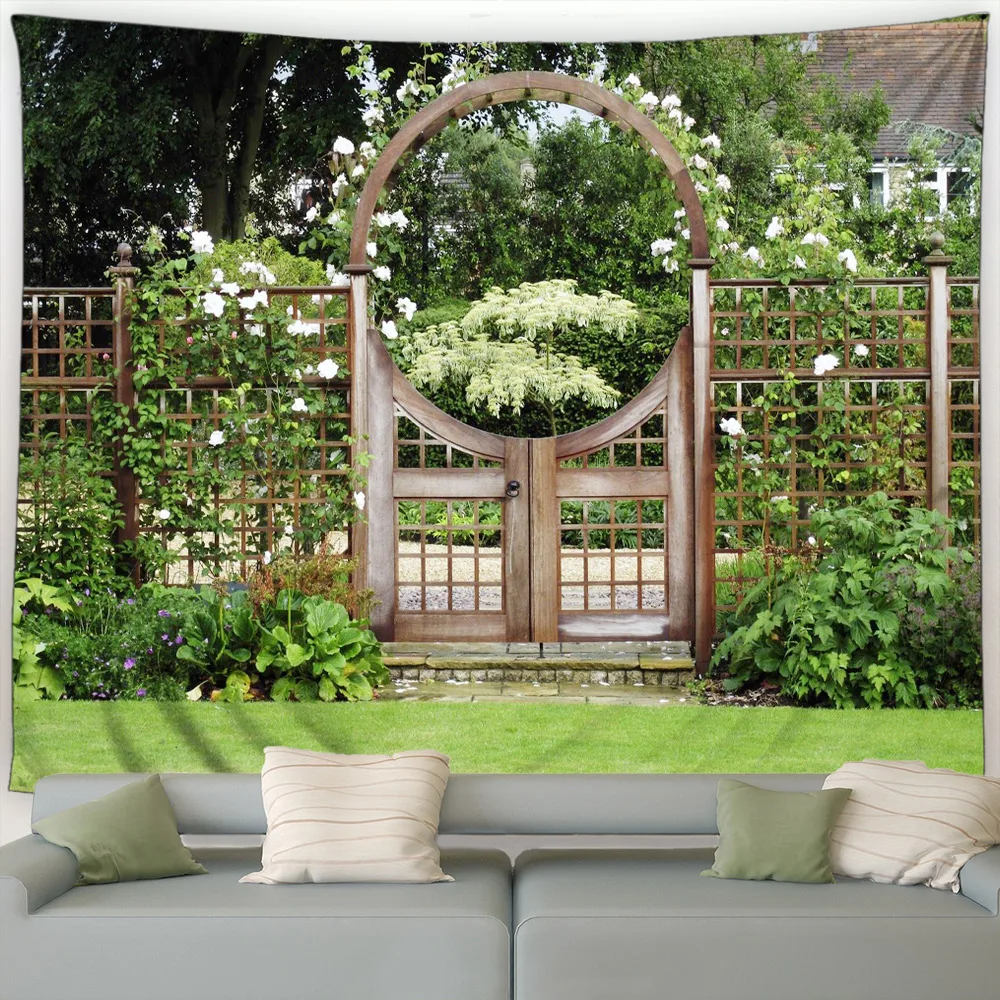 

Искусственный сад, деревянное ограждение, дверь, растения, цветы, Весенний лес, пейзаж, Декор для дома, гостиной, двор, настенное украшение