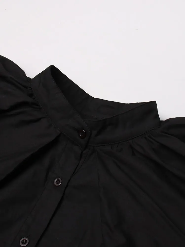 KBQ Casual Spliced Ruffles Shirt For Women Lapel Short Sleeve Patchwork Single Breasted Loose Solid Blouses Female Fashion New