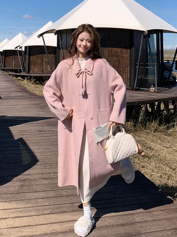 

Розовое двустороннее шерстяное пальто женское средней длины, осенне-зимнее, новое, в корейском стиле, утепленное, с длинными рукавами, для повседневной носки