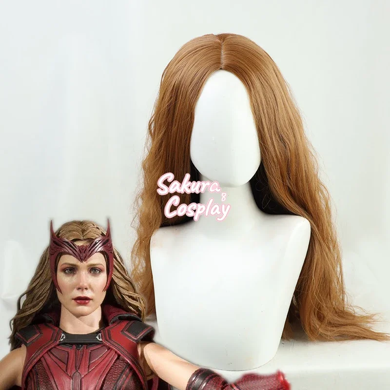 

Wanda Vision Scarlet Witch Cosplay Long Wavy Brown Curly Heat Resistant Synthetic Hair Halloween Costume Carnival Party +Wig Cap