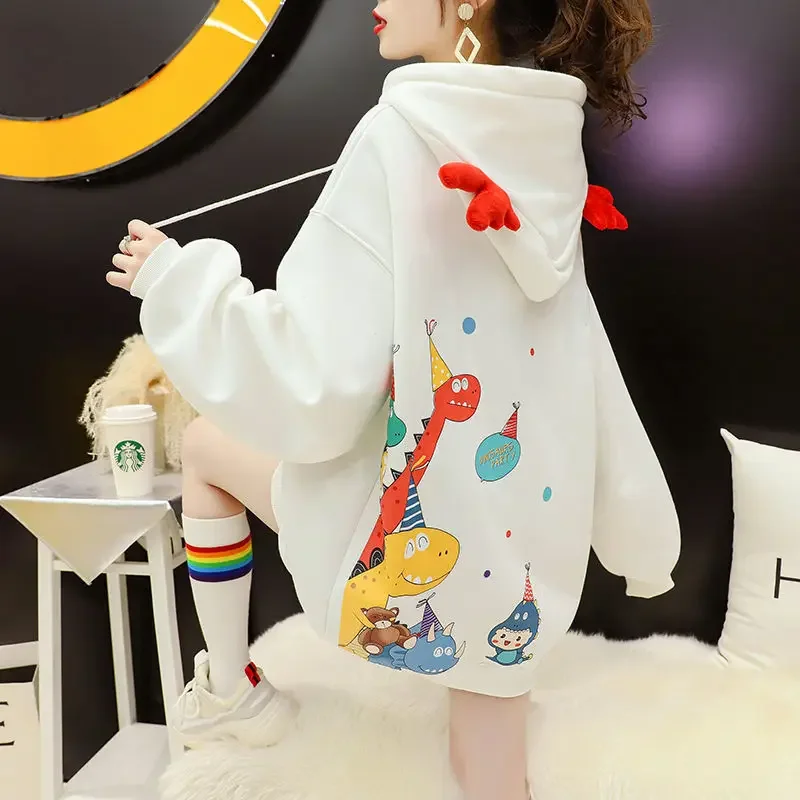 

Cute Casual Dinosaur Hooded Pullover Women Spring Harajuku Black High Street Pink Hoodies Kawaii Fall Sweatshirt Tops Loose Girl