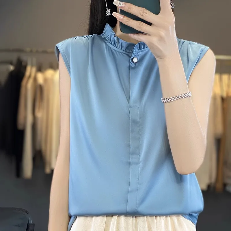 Chinese Style Silk Acetate Satin Sleeveless Shirt Women's Inner Wear Vest Base Cardigan Top Regular Size Autumn Season