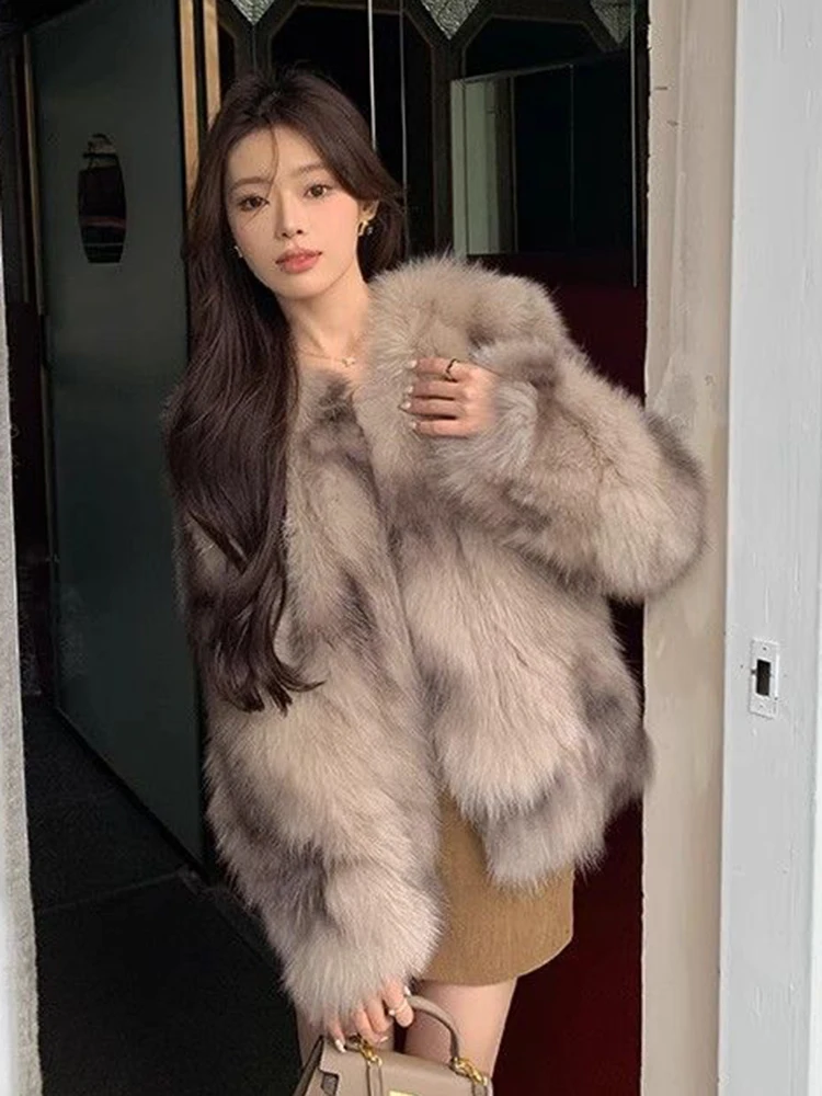 

Slim Women Faux Fur Coat Long Sleeve Elegant Vintage Faux Fox Jacket Korean Retro Winter Warm Long Sleeve Female O Neck Tops New