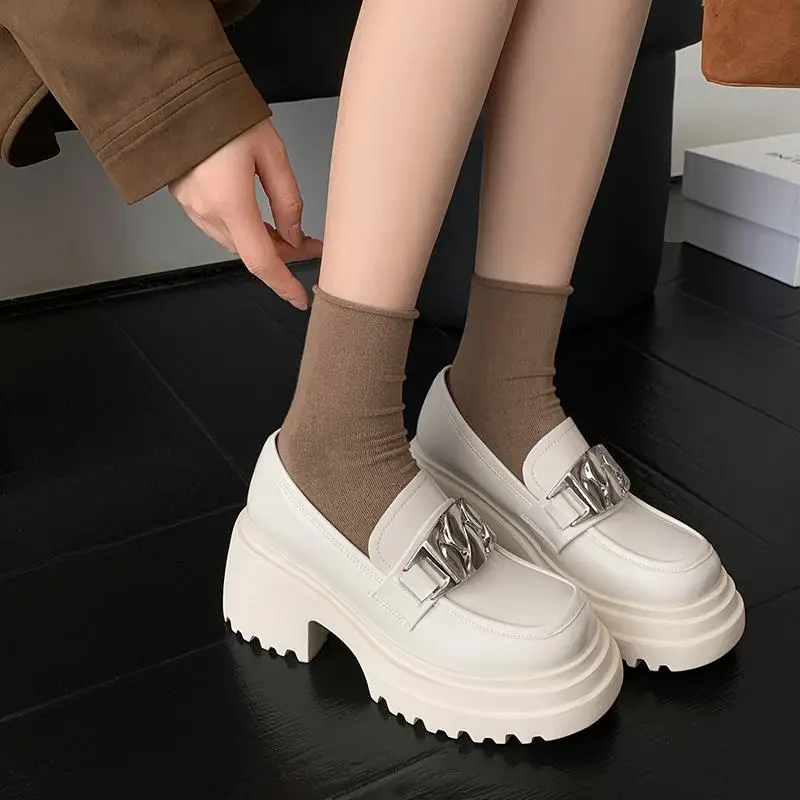 Krazing Pot Genuine Leather Autumn Shoes Slip On Preppy Style Platform Thick Bottom Metal Buckle Loafers European Women Pumps