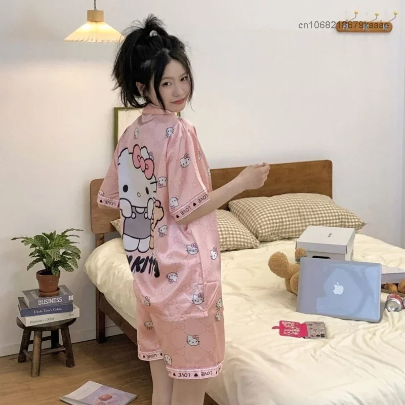 

Sanrio Hello Kitty Summer Silky Pajamas Women Loose Top Shirt Shorts Home Clothes 2 Piece Matching Set Y2k Cute Sleepwear Suit