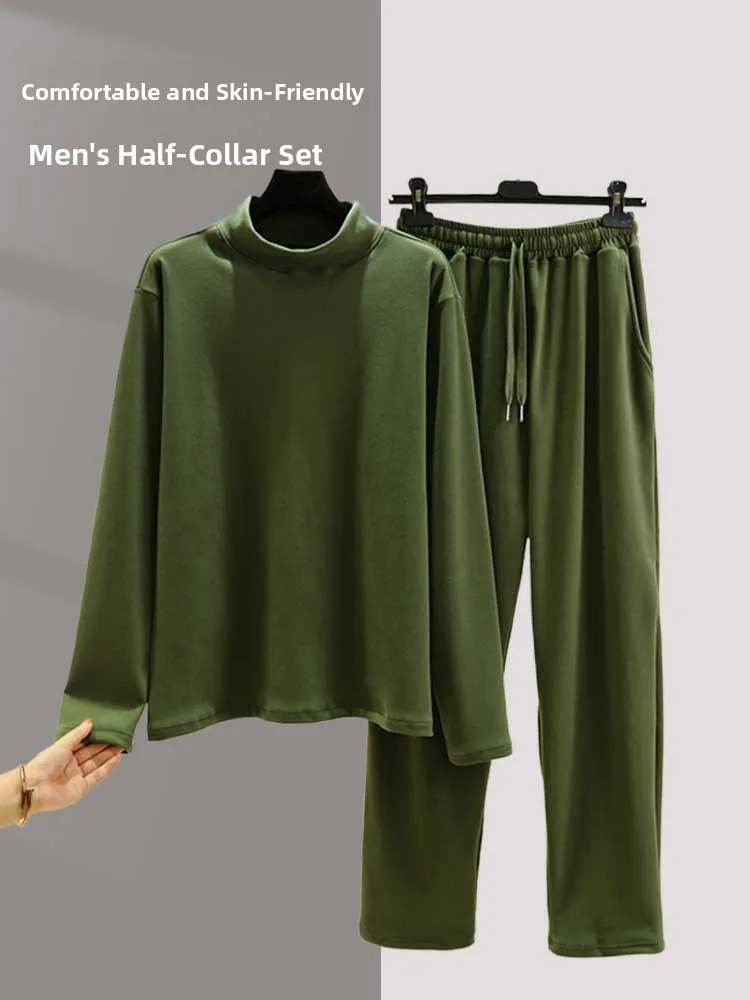 

Men's Thickened Fleece Pajamas Set High Collar Sleepwear Long Sleeve Loose Fit Home Clothes Thermal Base Layer Shirt Pants